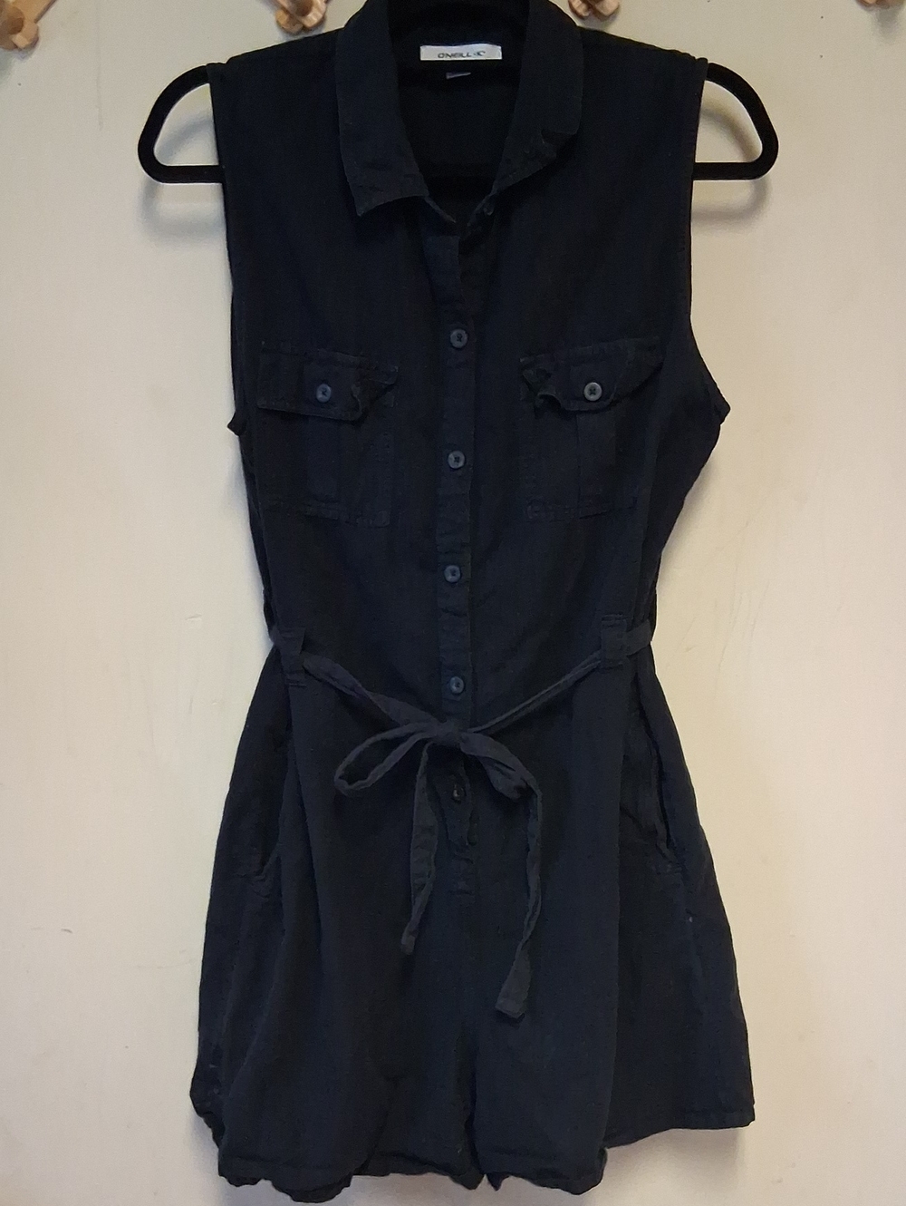 O'Neill Sleeveless Black Button Up Shorts Romper with Tie Waist